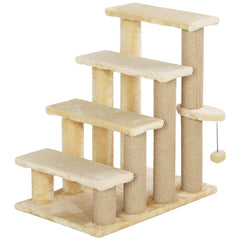 PawHut 4-step Pet Stairs with Scratching Posts, Platforms, Toy Ball, Beige
