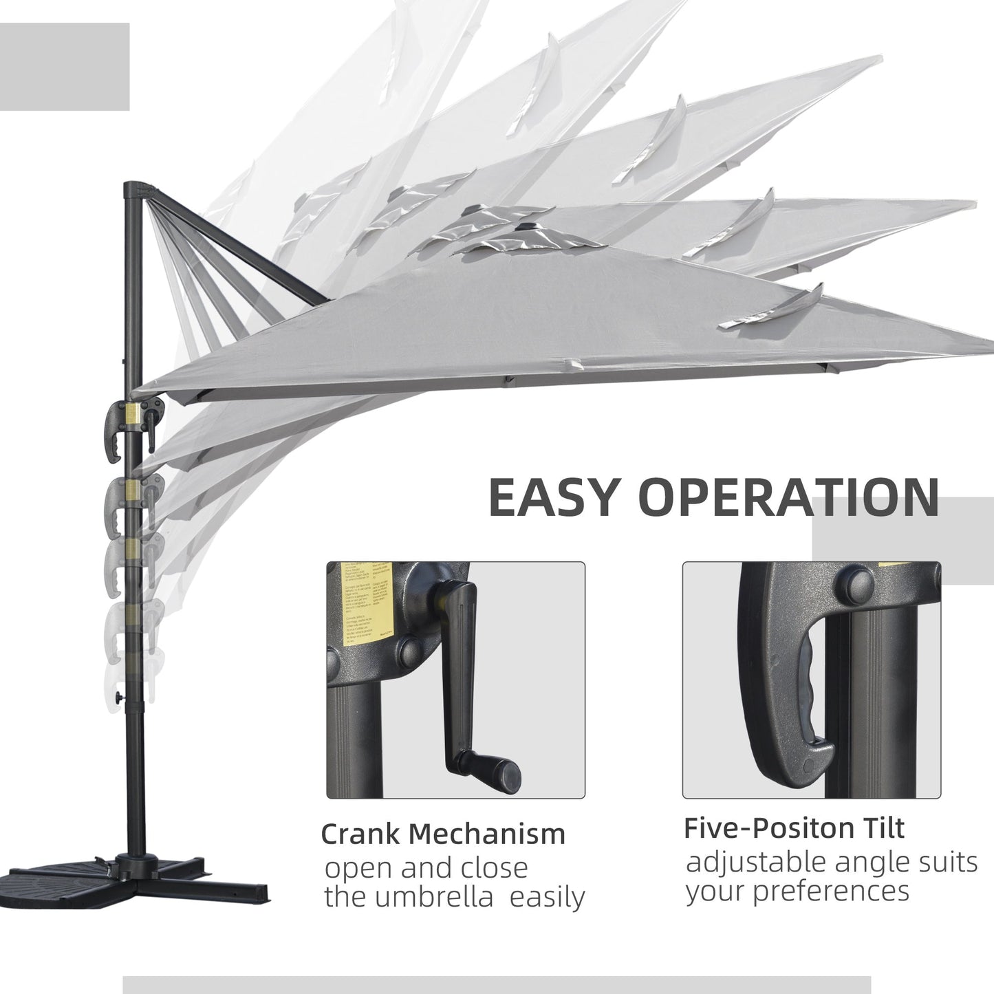 Outsunny 2.7 x 2.7 m Cantilever Parasol, Square Overhanging Umbrella with Cross Base, Crank Handle, Tilt, 360 degrees Rotation and Aluminium Frame, Grey