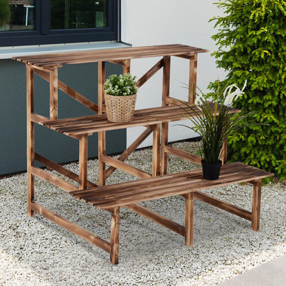 Outsunny 3 Tier Outdoor Plant Stand, Wood Ladder Shelf, Flower Pot Display Rack for Garden Backyard