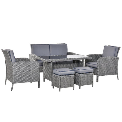 Outsunny 6 Pieces Rattan Garden Furniture Set, 6 Seater Garden Sofa Set with Glass Top Dining Table, Loveseat, 2 Armchairs and Ottomans, Wicker Outdoor Conservatory Furniture for Patio, Grey