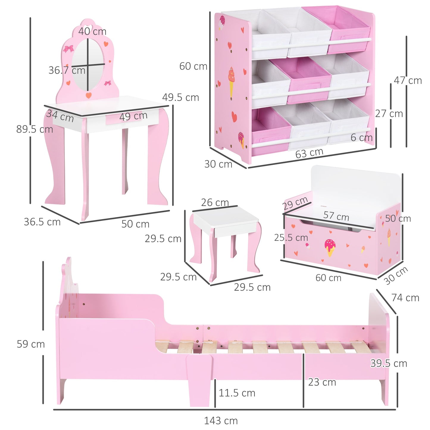 ZONEKIZ 5PCs Kids Bedroom Furniture Set with Bed, Toy Box Bench, Storage Unit, Dressing Table and Stool, Princess Themed, for 3-6 Years Old, Pink