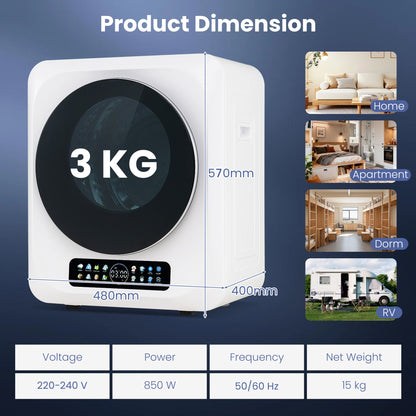 3KG Portable Clothes Dryer with 8 Drying Modes and Stainless Steel Drum for Apartment-White