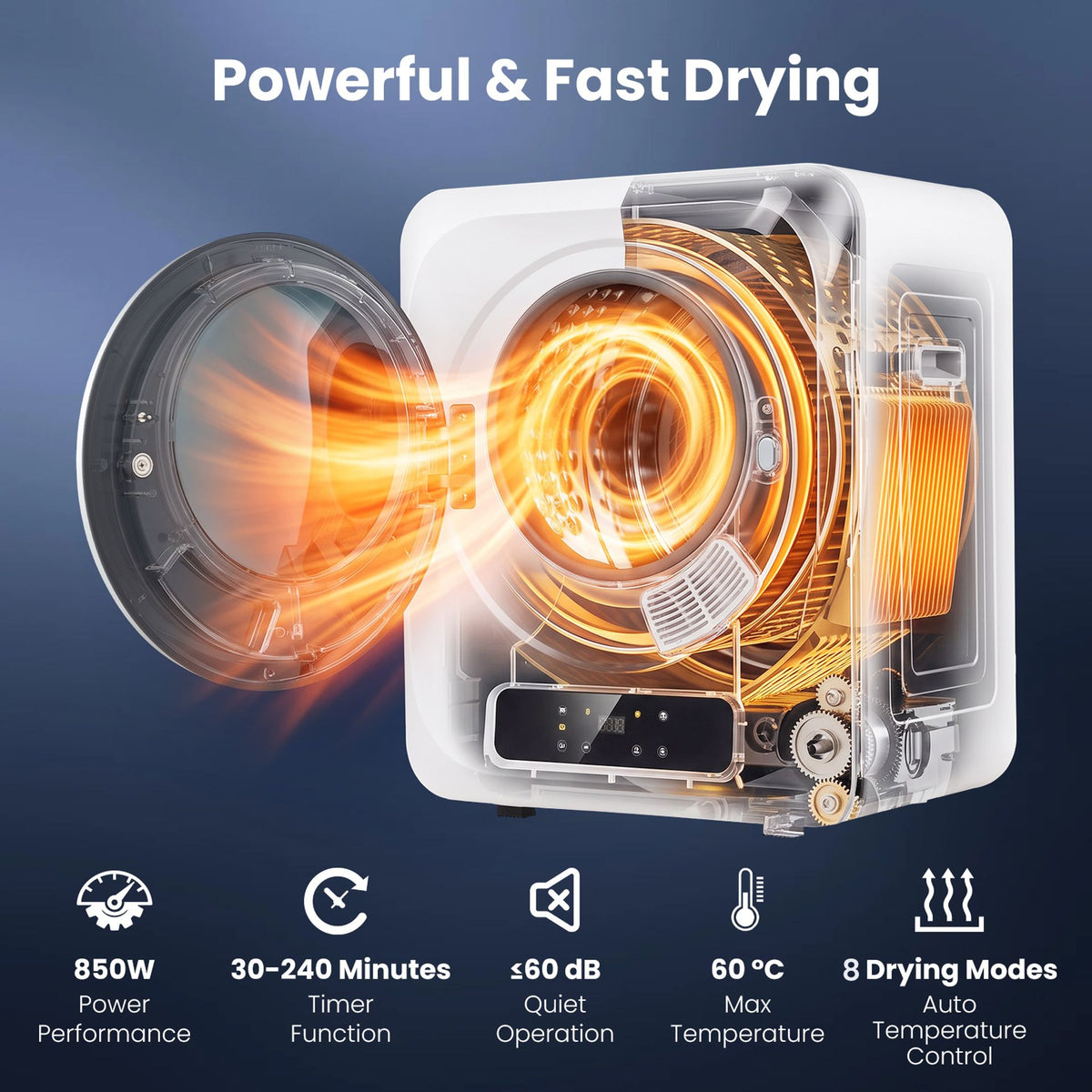 3KG Portable Clothes Dryer with 8 Drying Modes and Stainless Steel Drum for Apartment-White