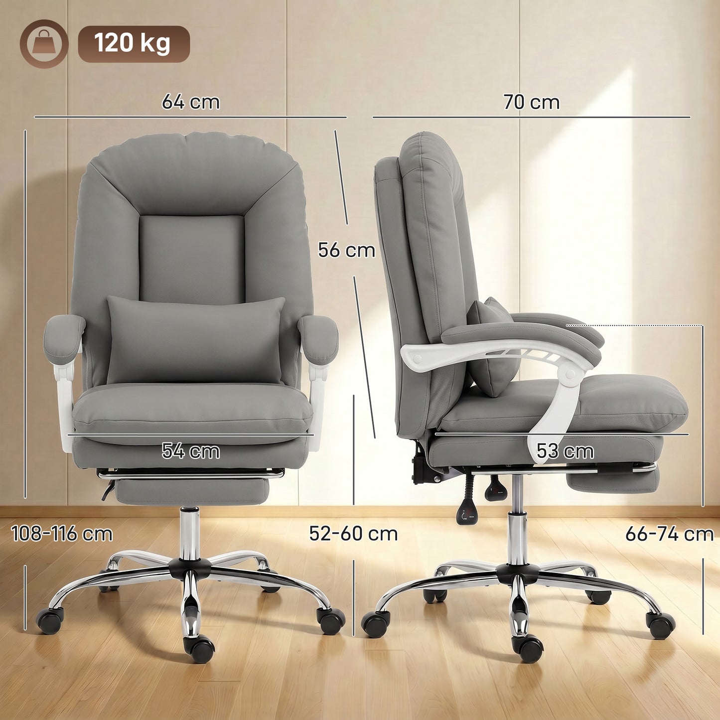 HOMCOM Ergonomic Executive Office Chair, Velvet Reclining Desk Chair with Lumbar Support, Footrest, Plush Thick Cushion, Grey