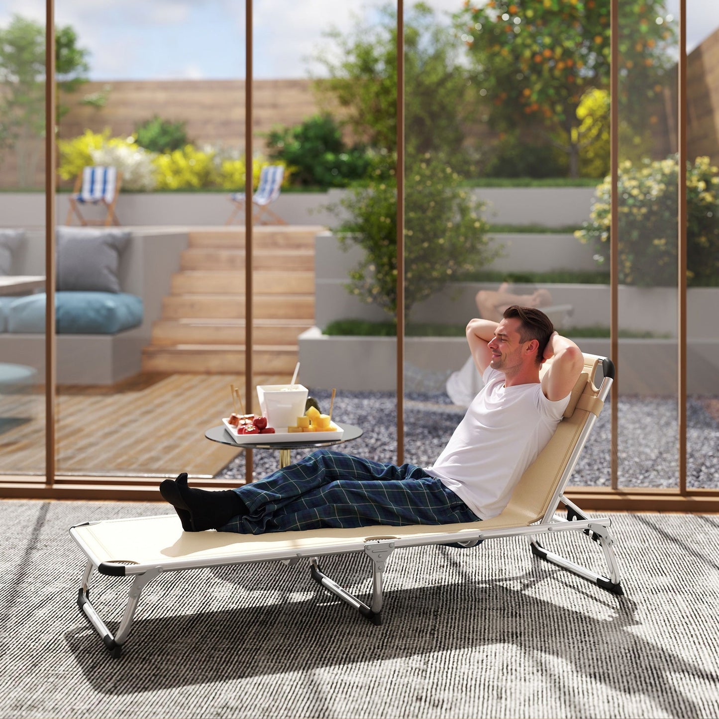 Outsunny Foldable Outdoor Sun Lounger, Reclining Lounge Chair Camping Bed Cot with Pillow 4-Level Adjustable Back Aluminium Frame, Khaki