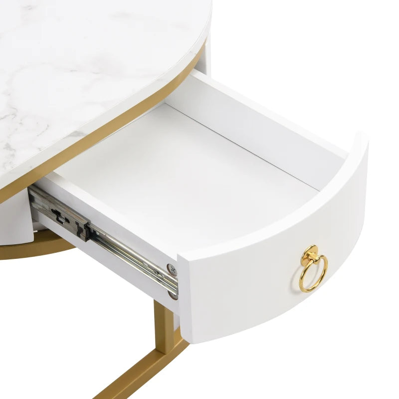 Oval Coffee Table with Marble Look, Golden Iron Frame, Drawers, and Shelves, 100x50x45 cm, White