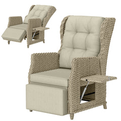 Outsunny Rattan Garden Recliner Chair, Reclining Garden Chair with Adjustable Back and Footrest, Flip Table, Cushion, Brown