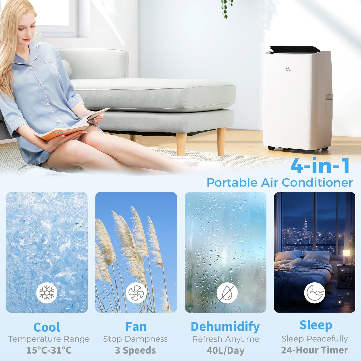 HOMCOM Portable Air Conditioner 14000 BTU, 4-in-1 Air Conditioning Unit, Dehumidifier, Cooling, Fan, Sleep Mode with 3 Speeds, Remote Control, LED Display, 24H Timer, Window Kit, Children Lock, 40m2