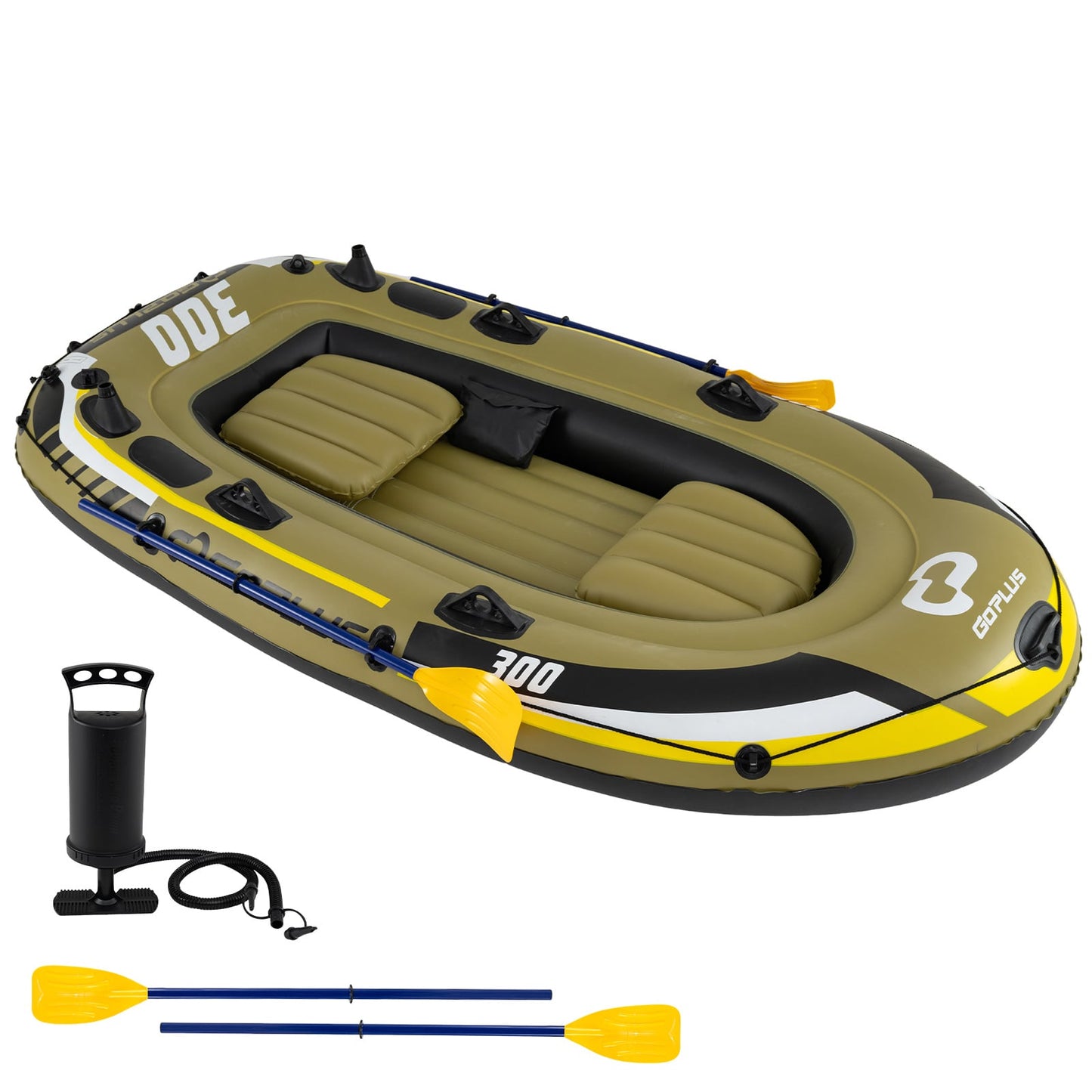 Inflatable 3-Person Fishing Raft with Oars and Pump and Rod Holders for Lake-Green