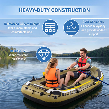 Inflatable 3-Person Fishing Raft with Oars and Pump and Rod Holders for Lake-Green
