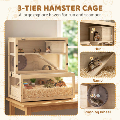 PawHut Wooden Hamster Cage with Hut, Wheel, Ramps, Removable Viewing Panels, 80 x 50 x 84 cm, Natural