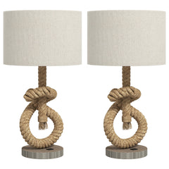 HOMCOM Nautical Table Lamps Set of 2 with USB Charging Port, Bedside Lamps for Bedroom Living Room, Warm White LED Bulb Included, with Hemp Rope, Natural