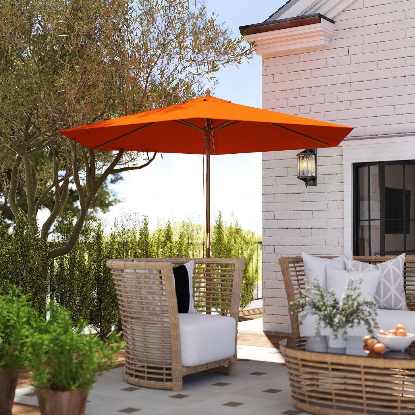 Outsunny 2.5m Wood Garden Parasol Sun Shade Patio Outdoor Wooden Umbrella Canopy, Table Market Umbrella with Vent, 38mm Pole, Rope Pulley Mechanism, Orange