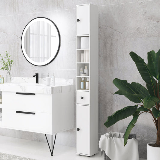 kleankin 180cm Slim Bathroom Cabinet, with Drawer, Shelves and Cupboards - White