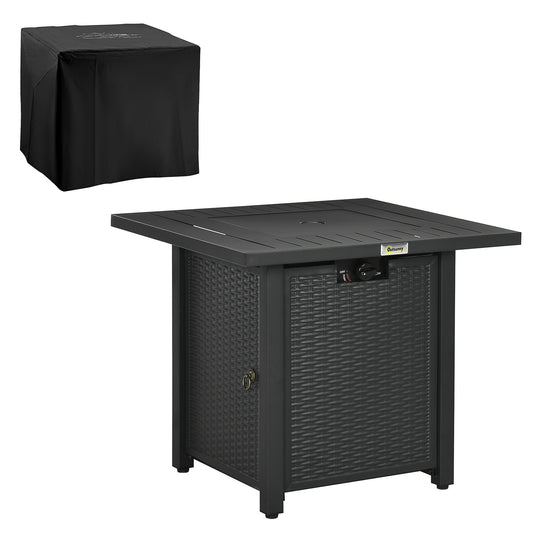 Outsunny Rattan-style Propane Gas Fire Pit Table with 40,000 BTU Burner, Square Smokeless Firepit Patio Heater with Thermocouple, Lava Rocks, Waterproof Cover, Spark Guard and Lid, Black