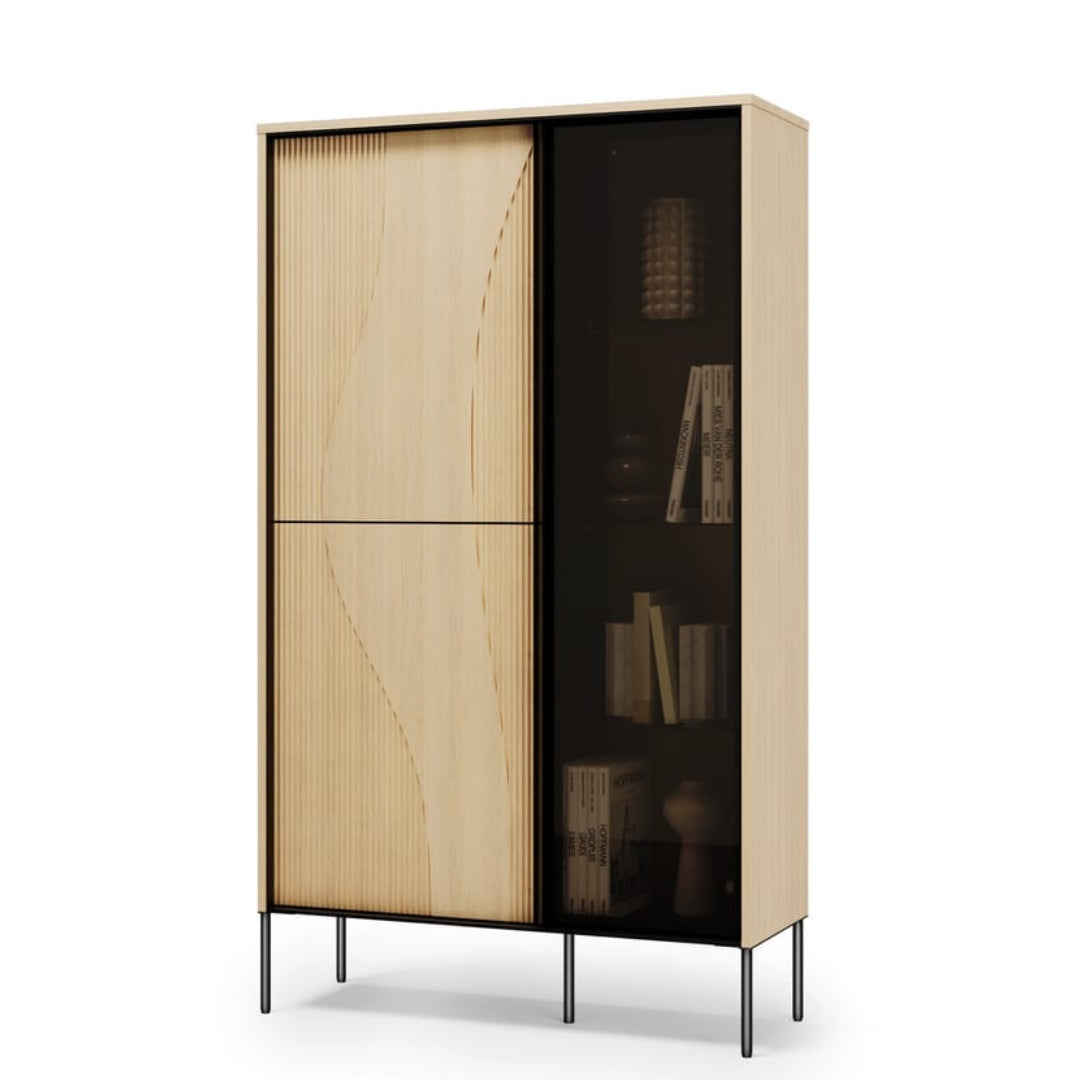 Beige cabinet with glass doors on a white background
