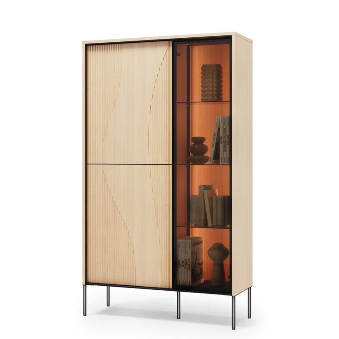 Wooden cabinet with glass door on a white background