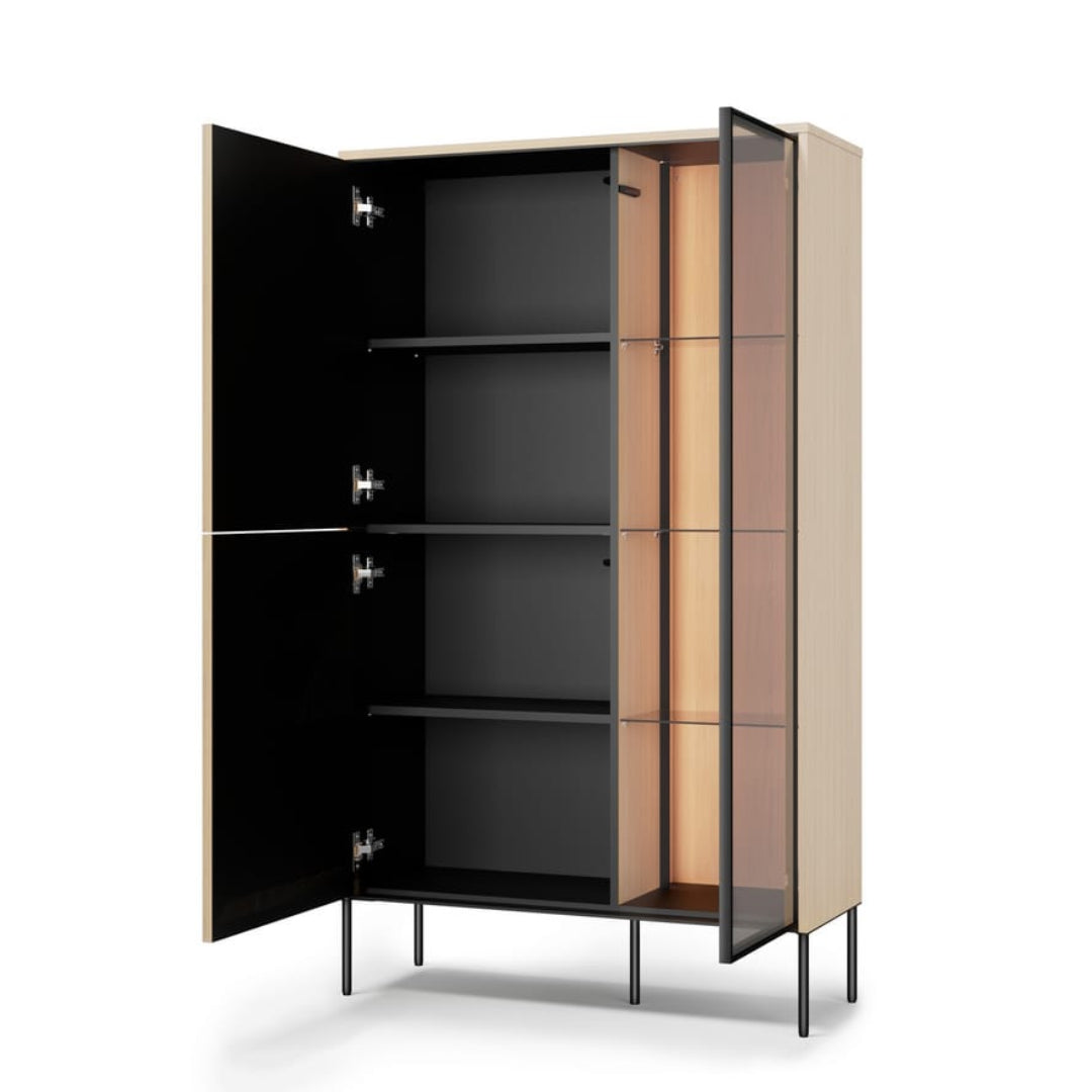 Modern cabinet with black and beige doors on a white background