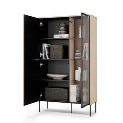 Modern cabinet with open doors displaying various items on a white background