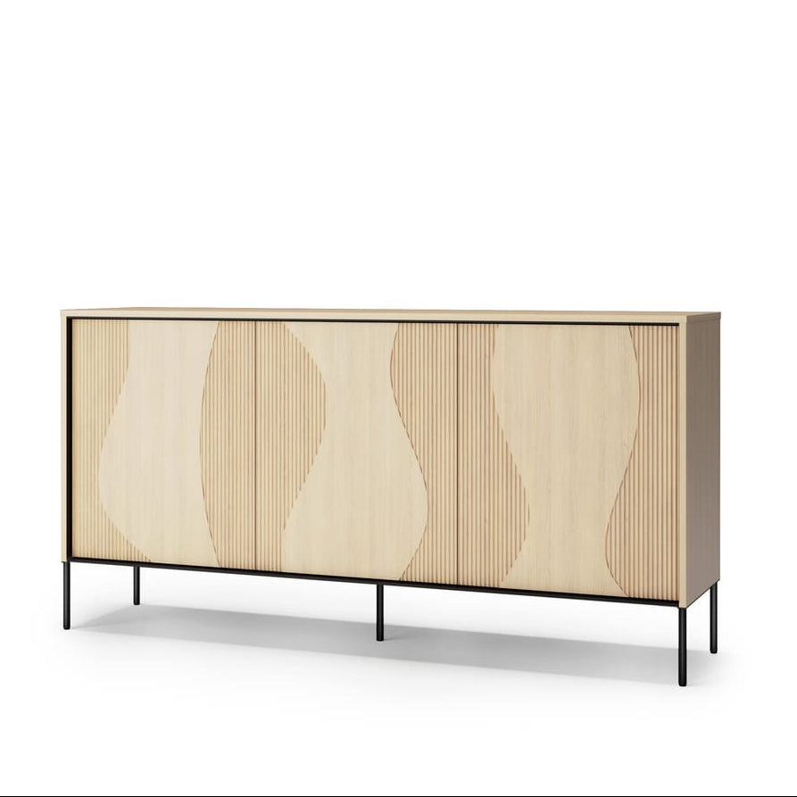 Wooden sideboard with wavy pattern on a white background