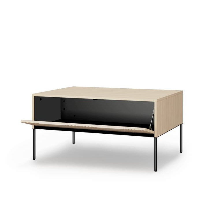 Modern coffee table with black glass panel on a white background