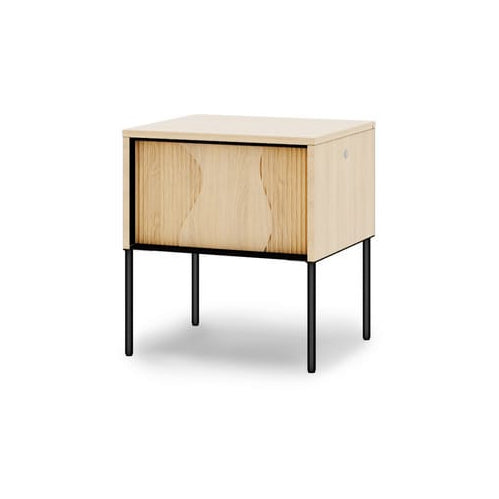 Small wooden nightstand with a white background
