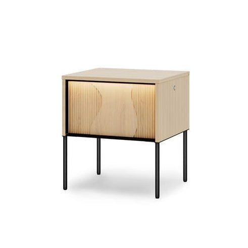 Small wooden nightstand with a light finish on a white background