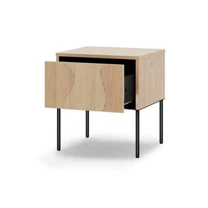 Wooden side table with a drawer on a white background