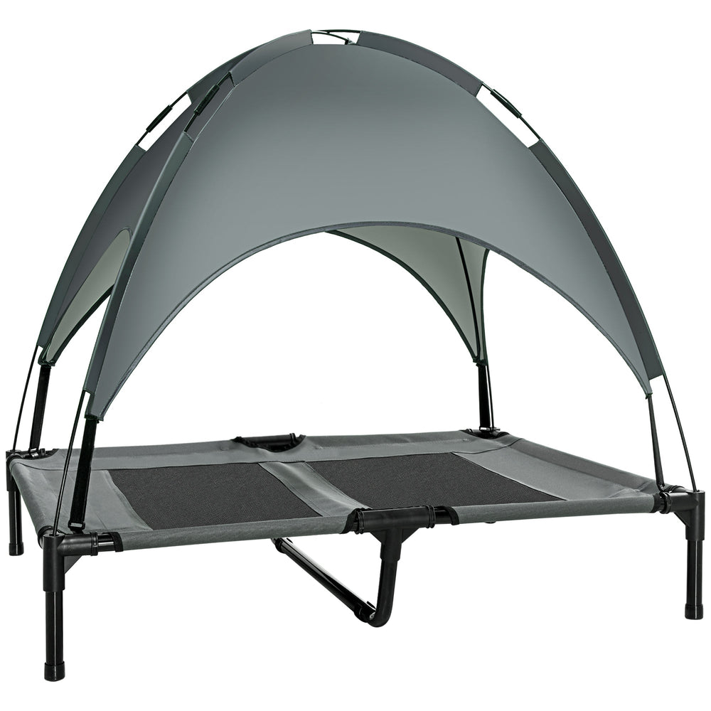 PawHut Outdoor Dog Bed with Removable Canopy, Portable Raised Dog Bed for Camping, Garden & Beach, Water-Resistant UV-Protection Mesh Pet Cot Sun Lounger, for Large Pets, 92 x 76 x 90 cm, Grey