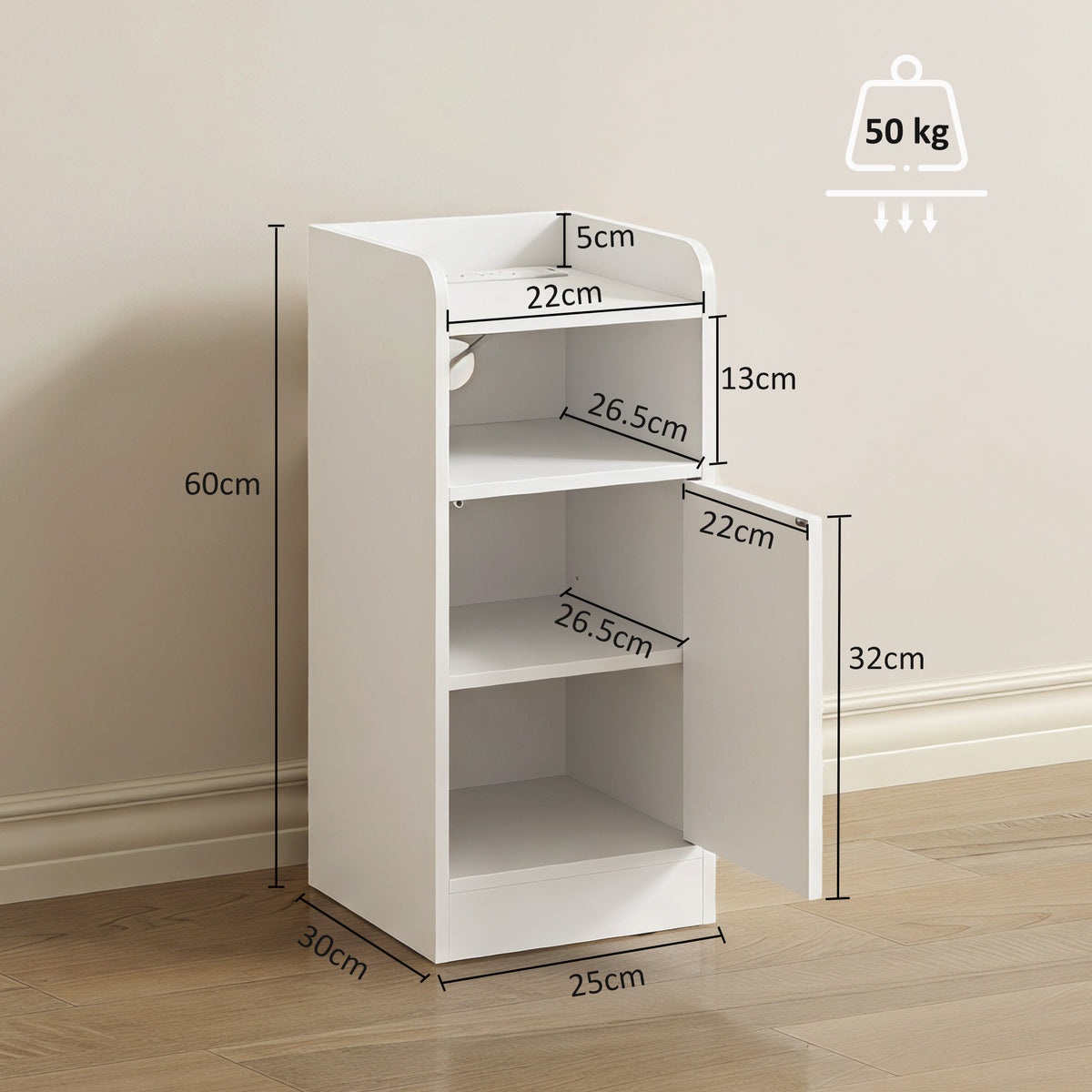 HOMCOM Slim Bedside Table Set of 2 with Charging Station, Narrow Bedside Cabinet with Adjustable Shelf, White