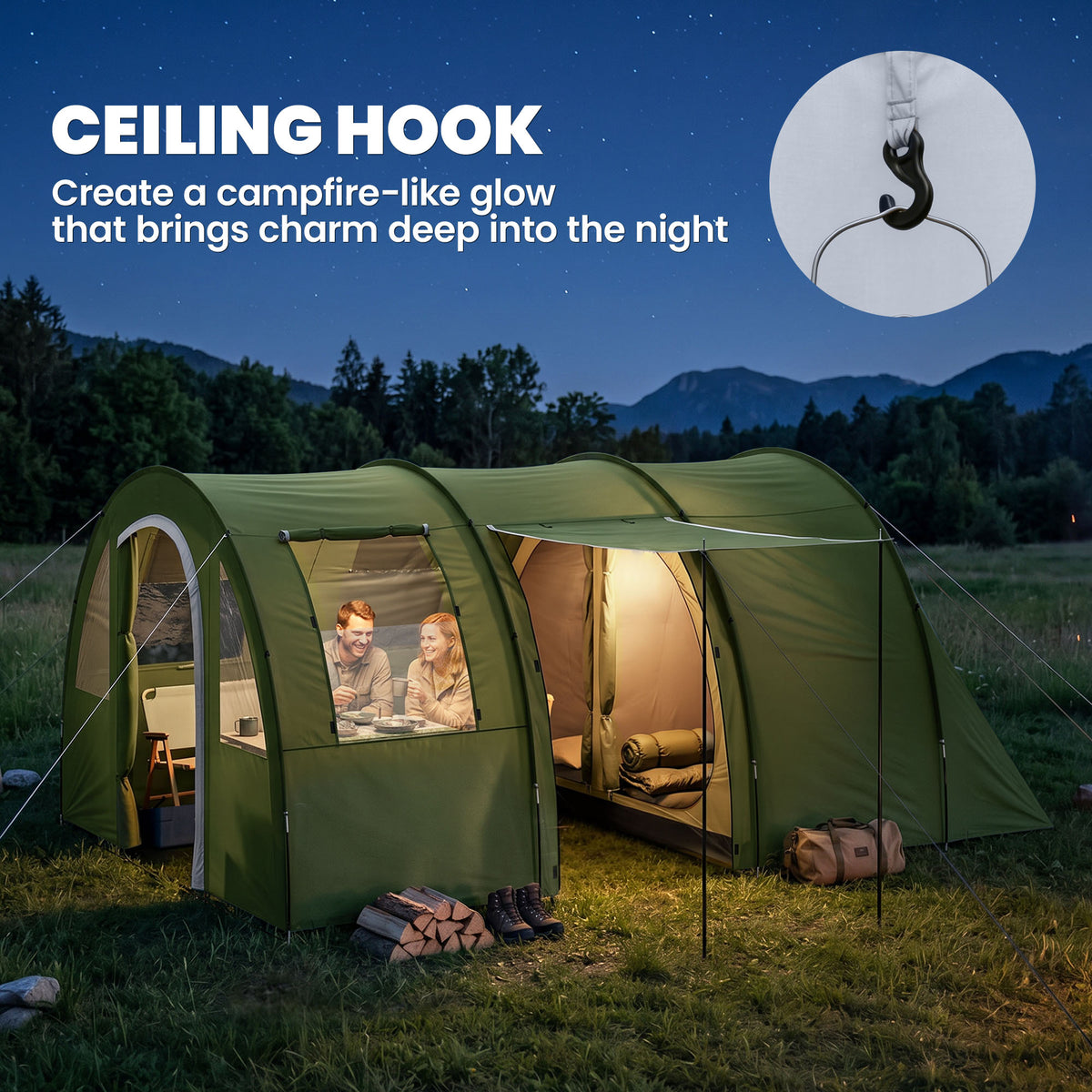Outsunny 4 Man Camping Tent with 2 Room, Floor and Carry Bag - Green