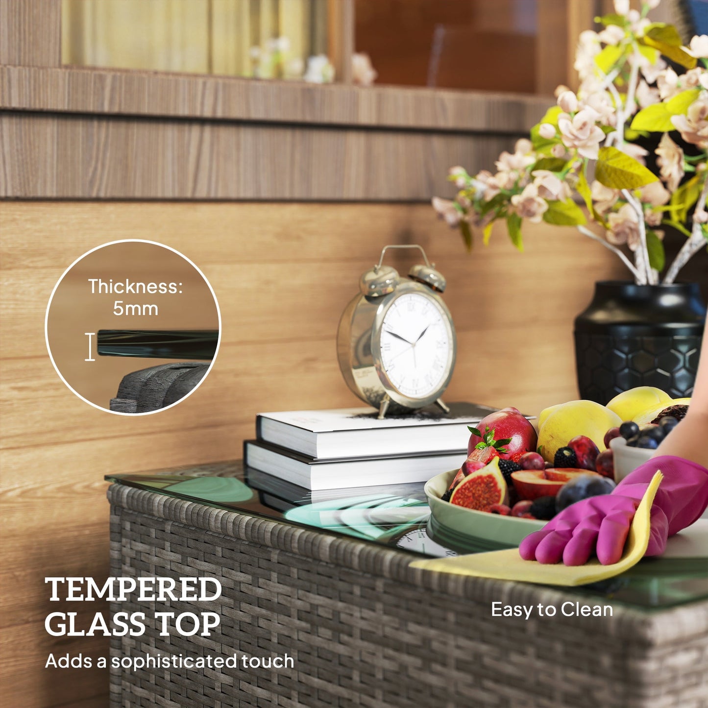 Outsunny 62 x 62cm Glass-Top Rattan Side Table - Dark Grey