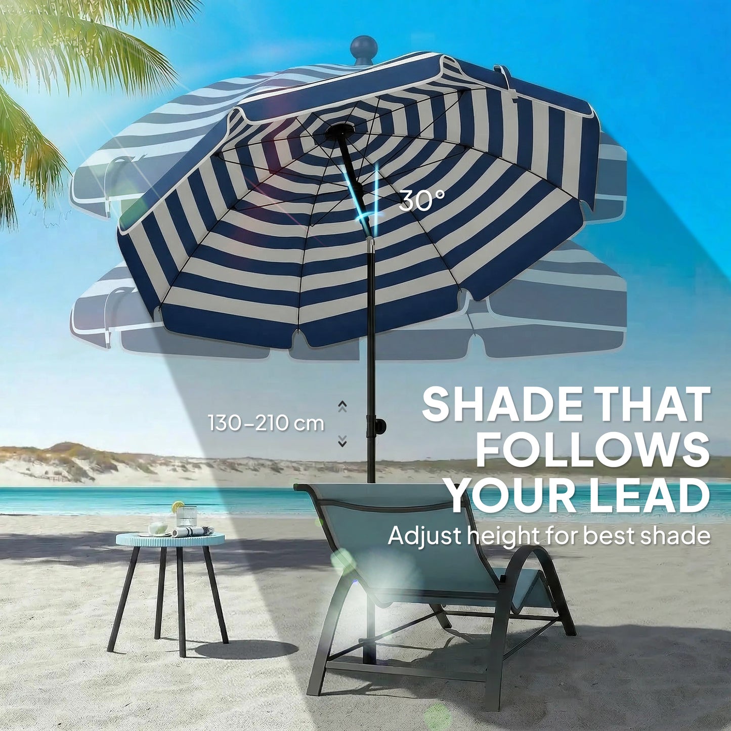 Outsunny 1.8 m Beach Umbrella Parasol with Sand Anchor, Portable 30° Tilting Patio Sun Shade with Adjustable Height, Blue/White