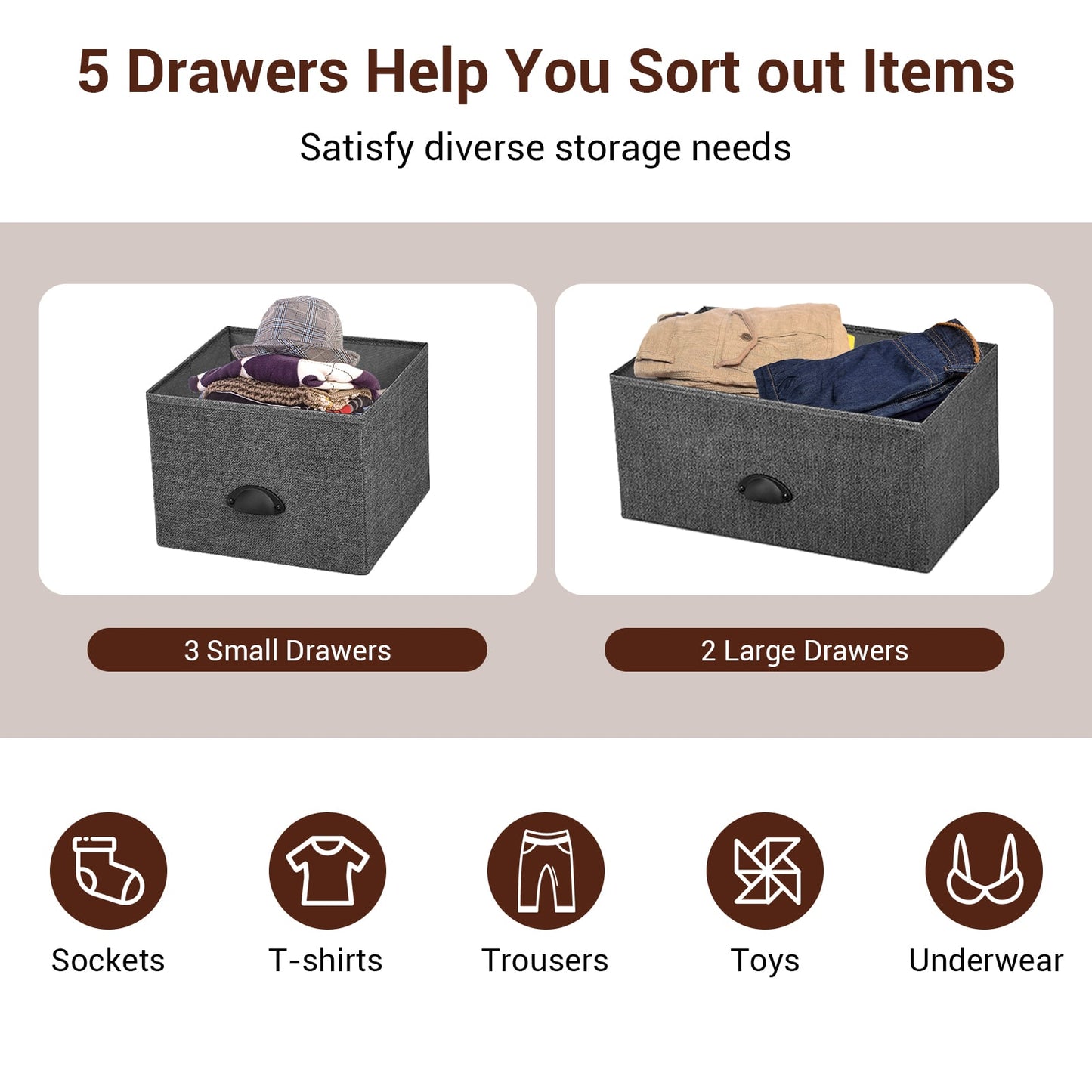 Fabric Drawer Cabinet for Wardrobe, Bedroom, Living Room-Black &amp; Grey