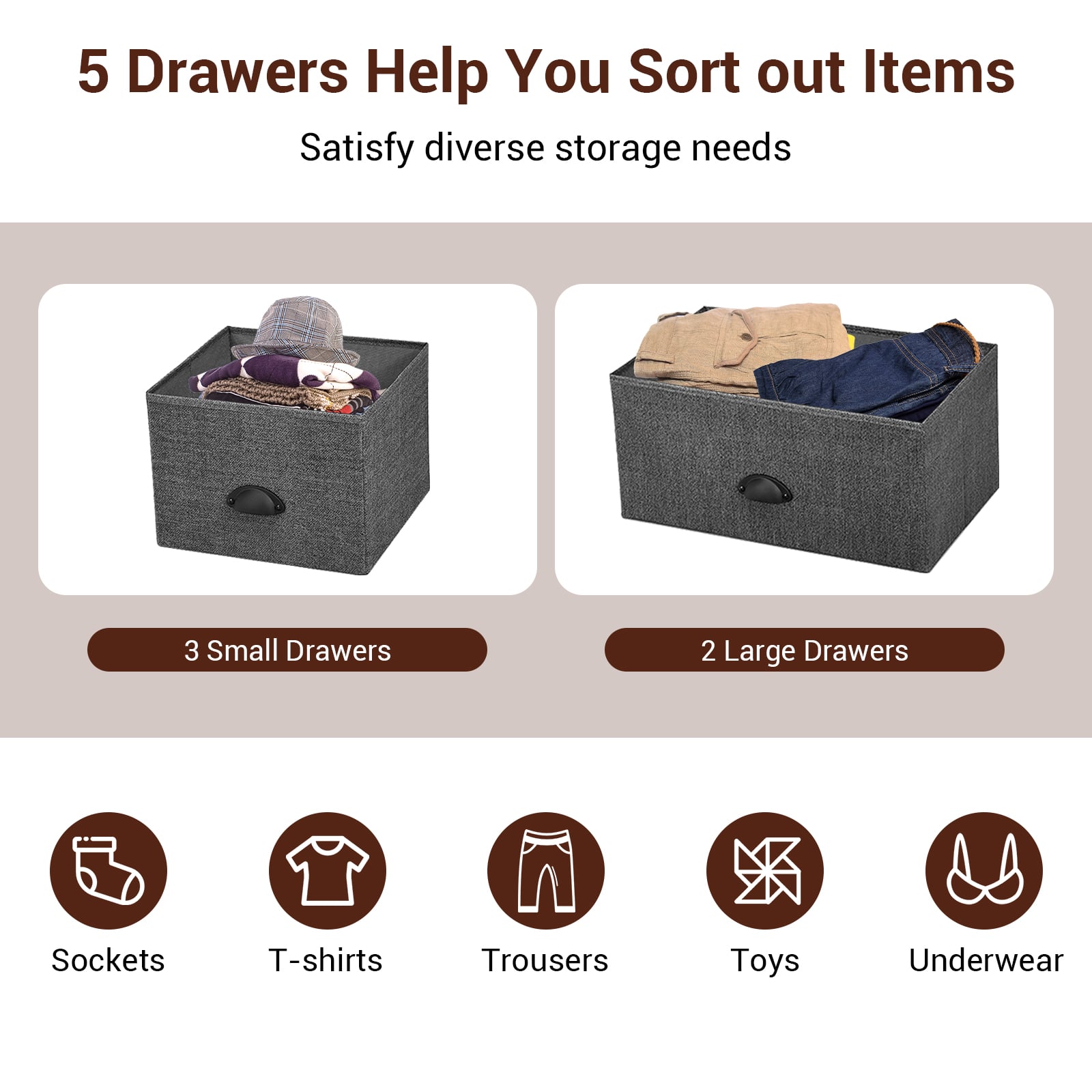 Fabric Drawer Cabinet for Wardrobe, Bedroom, Living Room-Black &amp; Grey