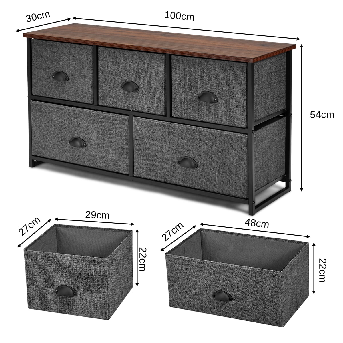 Fabric Drawer Cabinet for Wardrobe, Bedroom, Living Room-Black &amp; Grey