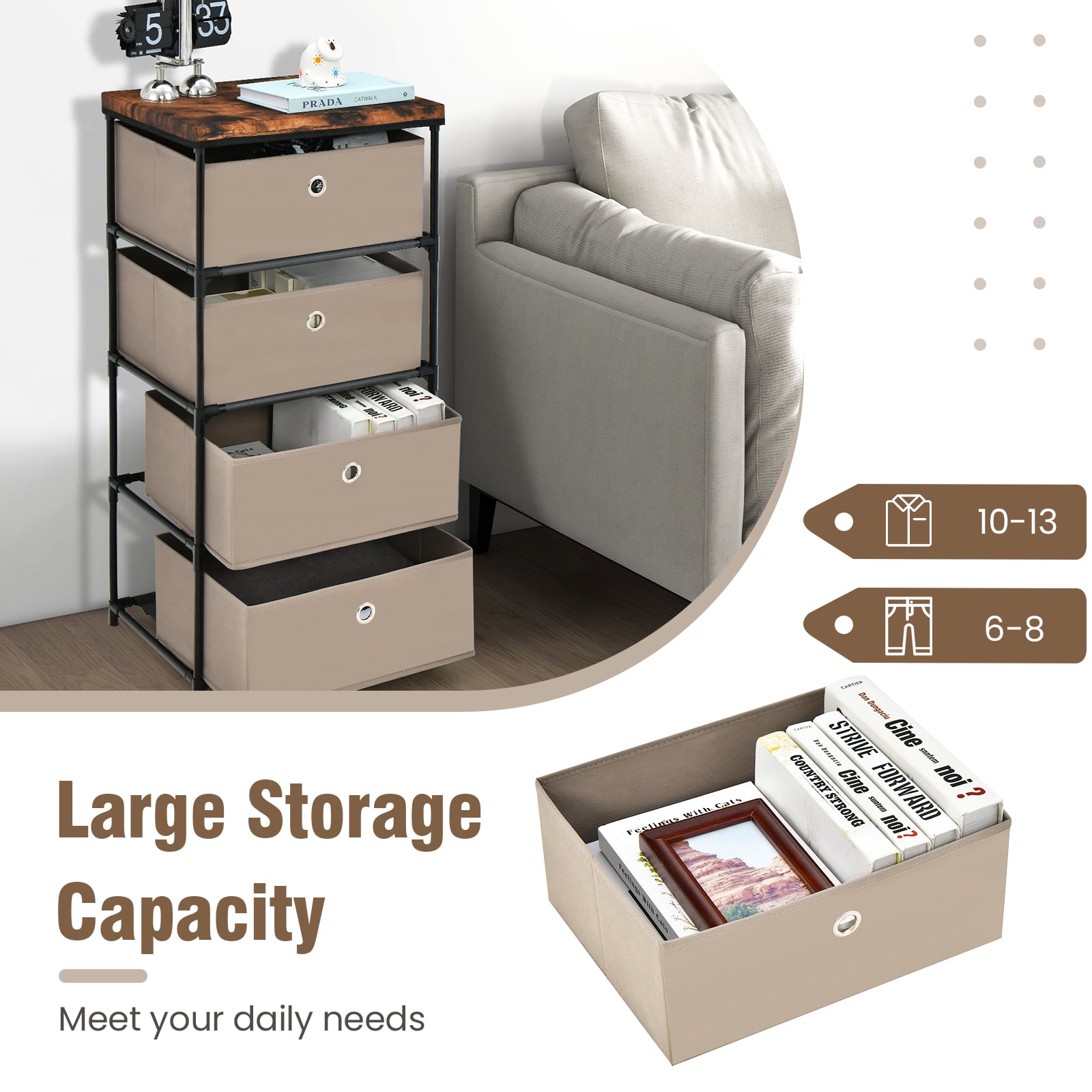 4-Tier Fabric Dresser with Drawers and Metal Frame-Coffee