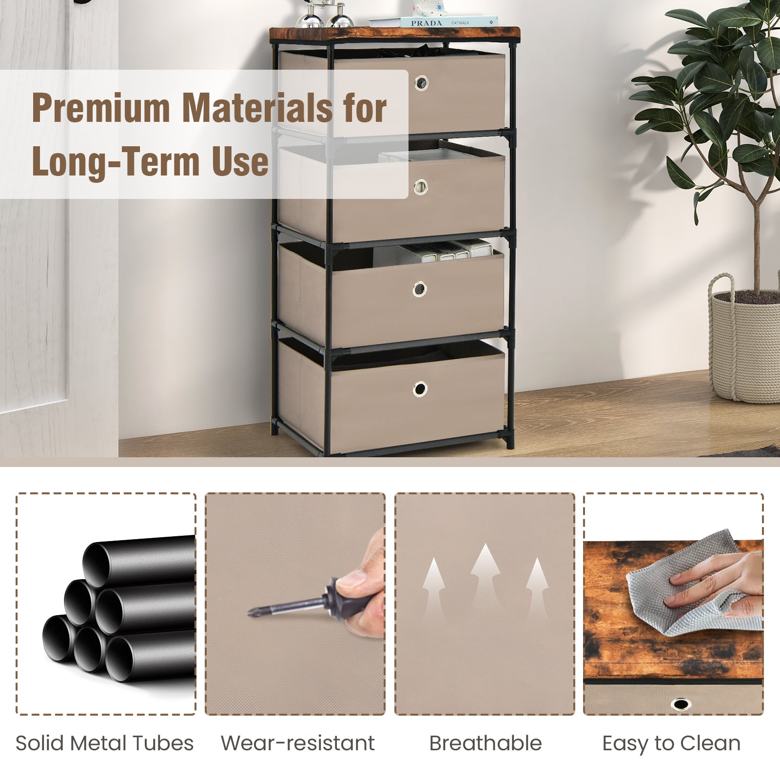 4-Tier Fabric Dresser with Drawers and Metal Frame-Coffee