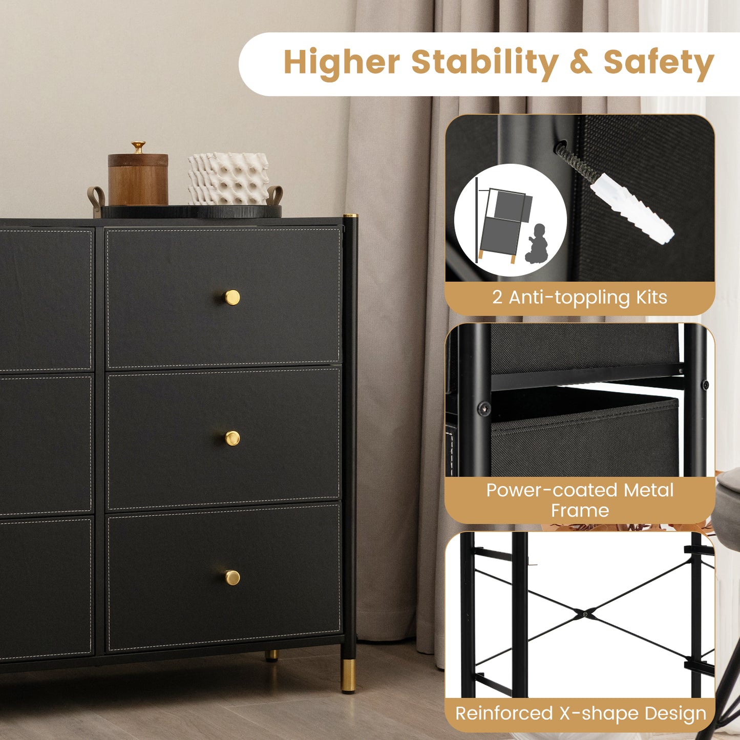 Fabric Dresser Tower for Bedroom with Drawers and Metal Frame-3-Tier