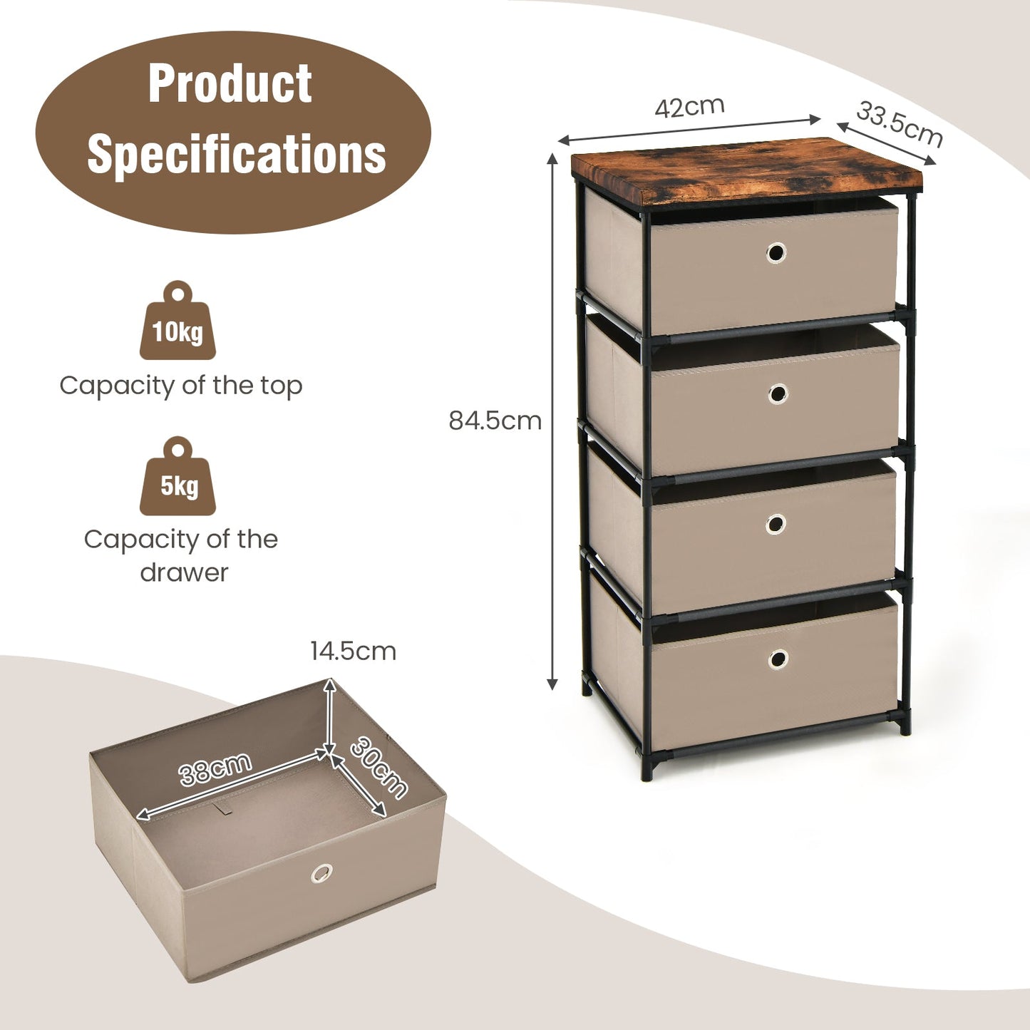 4-Tier Fabric Dresser with Drawers and Metal Frame-Coffee