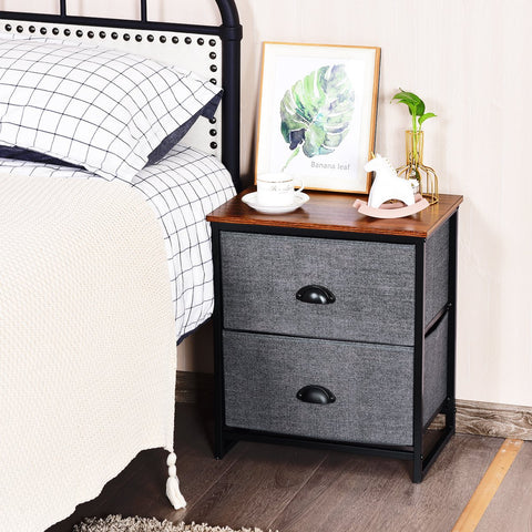 3/4 Fabric Nightstand Bedside Storage Cabinet Folding Drawers-2-Tier-Black