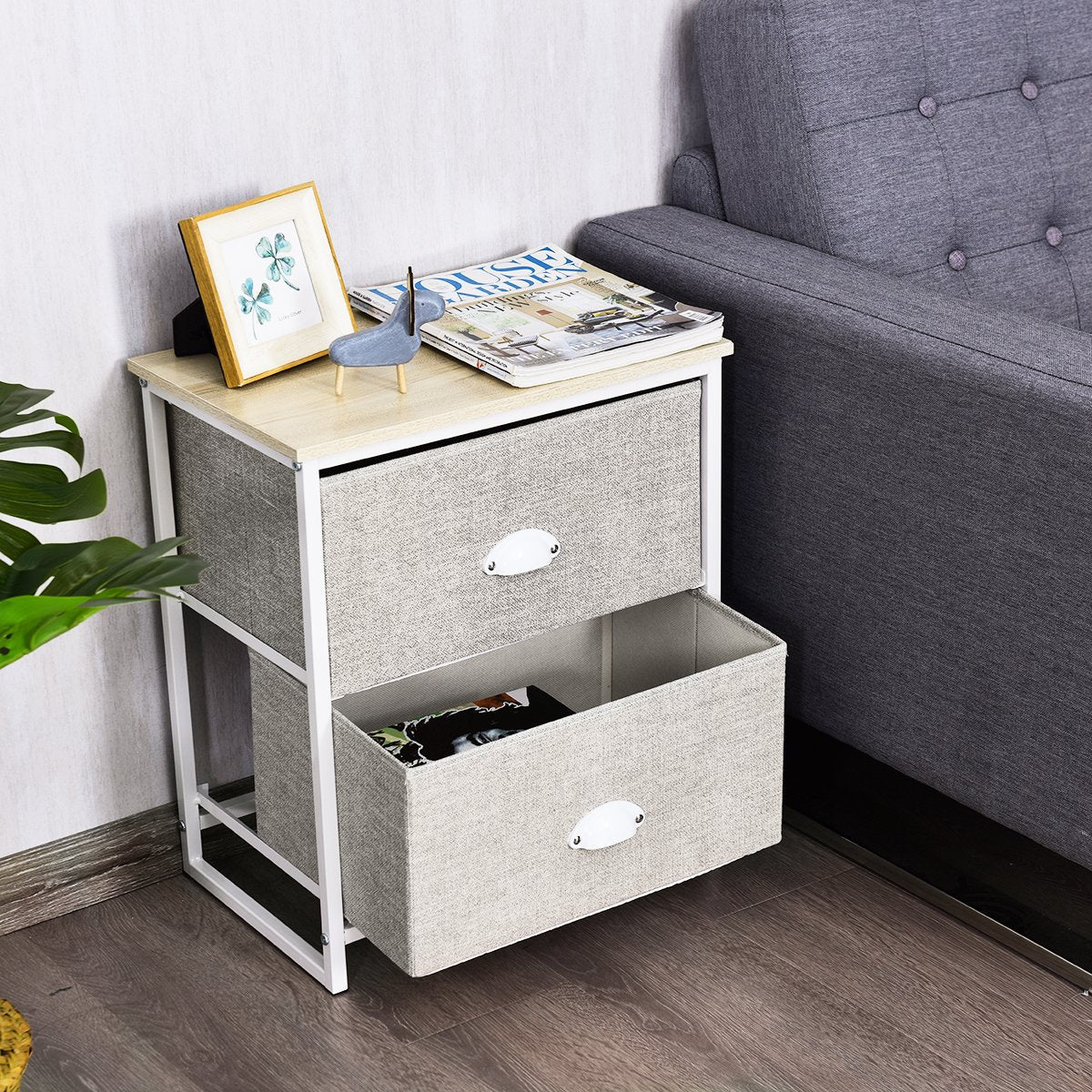 3/4 Fabric Nightstand Bedside Storage Cabinet Folding Drawers-2-Tier-White