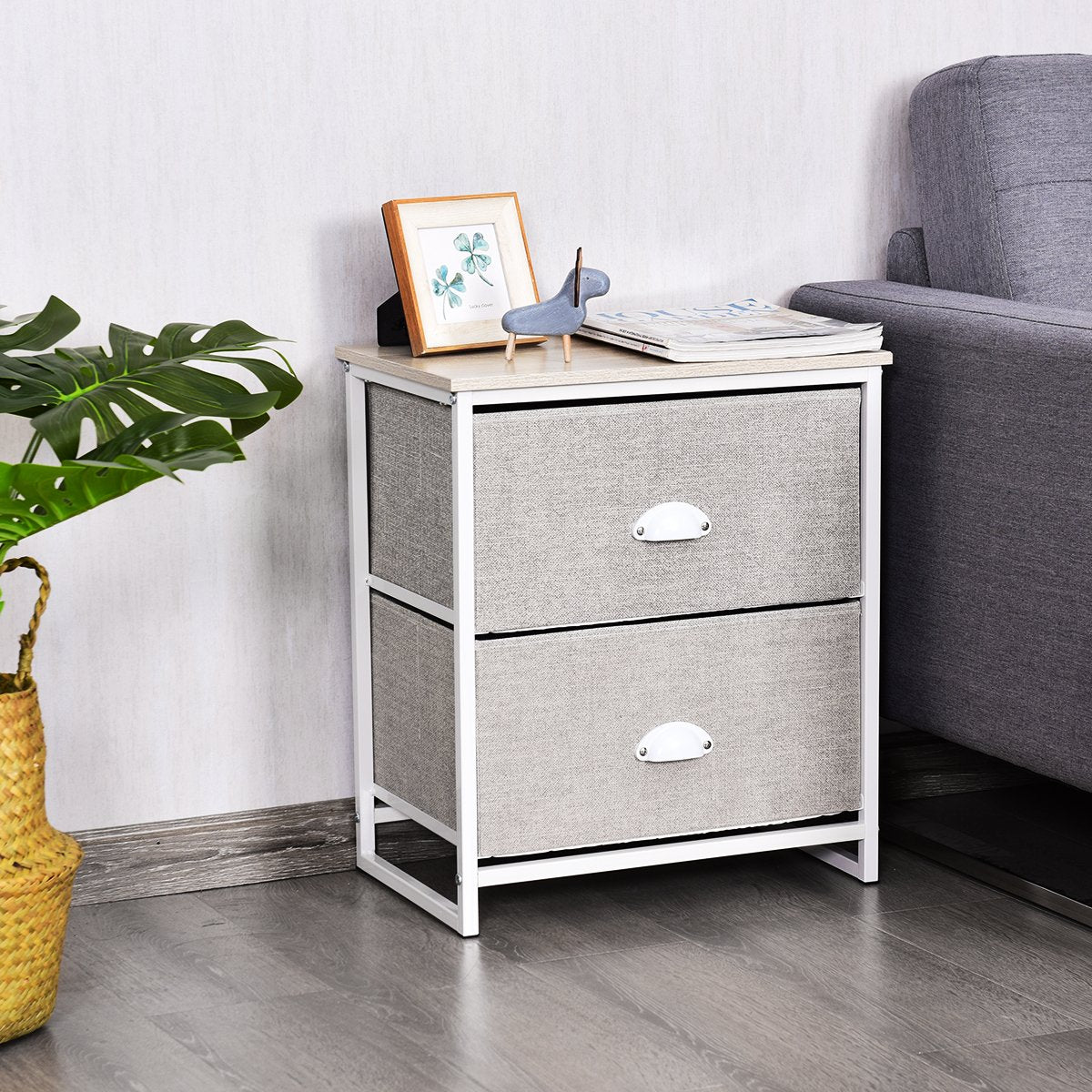 3/4 Fabric Nightstand Bedside Storage Cabinet Folding Drawers-2-Tier-White