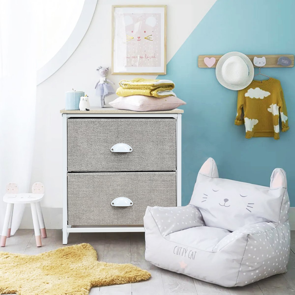 3/4 Fabric Nightstand Bedside Storage Cabinet Folding Drawers-2-Tier-White