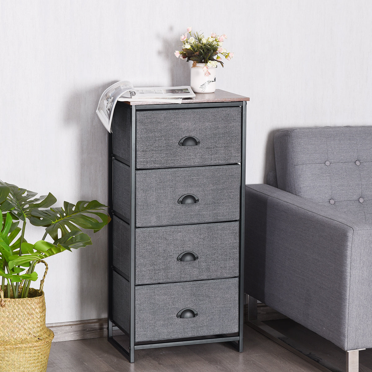 3/4 Fabric Nightstand Bedside Storage Cabinet Folding Drawers-4-Tier-Black