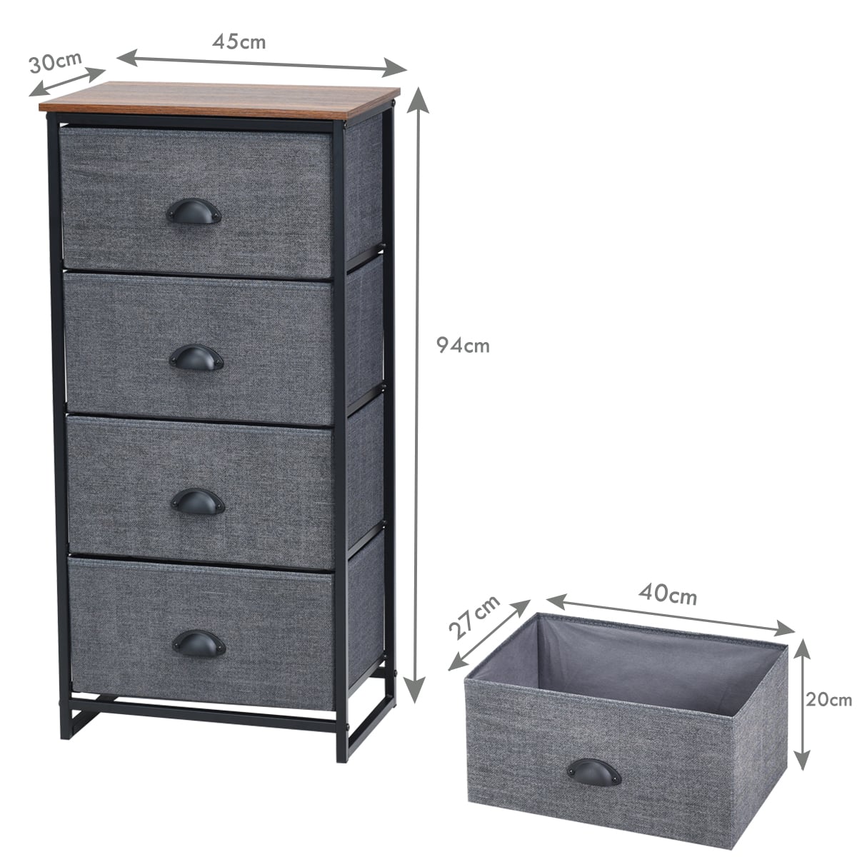 3/4 Fabric Nightstand Bedside Storage Cabinet Folding Drawers-4-Tier-Black