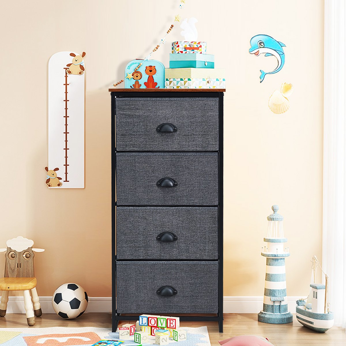 3/4 Fabric Nightstand Bedside Storage Cabinet Folding Drawers-4-Tier-Black