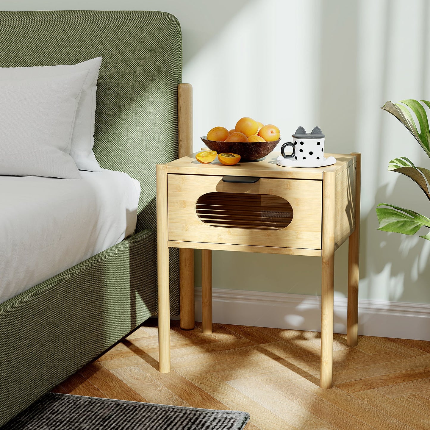 Farmhouse Bedside Table Nightstand Set of 2 with Tempered Glass Decorated Drawer-Nautral