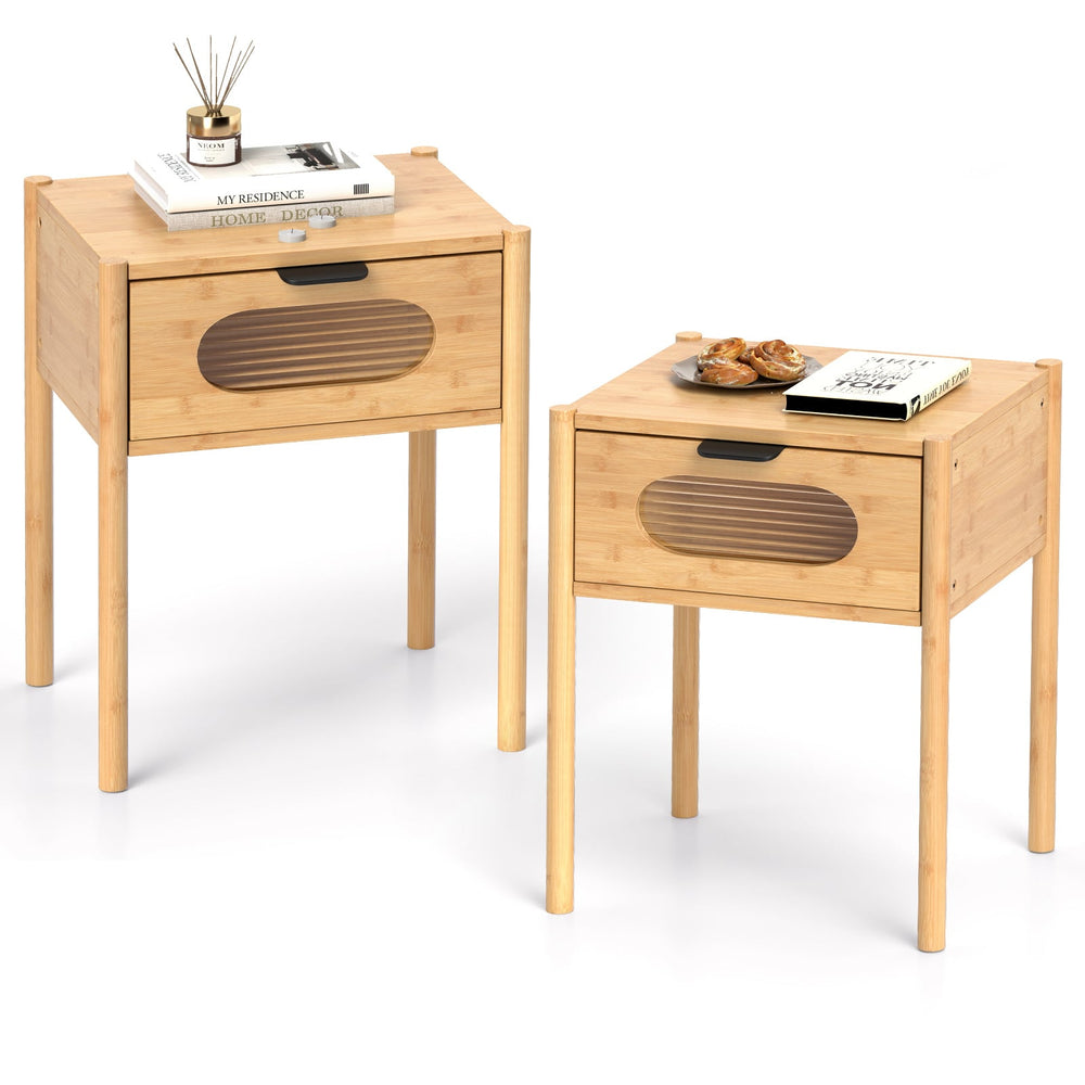Farmhouse Bedside Table Nightstand Set of 2 with Tempered Glass Decorated Drawer-Nautral