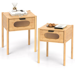 Farmhouse Bedside Table Nightstand Set of 2 with Tempered Glass Decorated Drawer-Nautral
